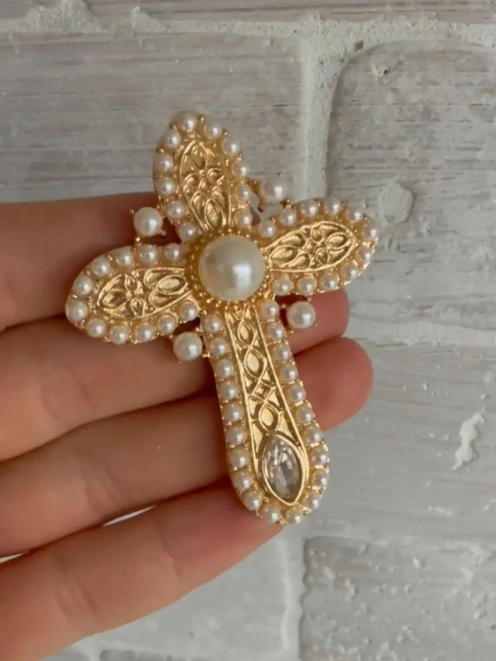Elegant Ivory Pearl Sanctum Cross Brooch